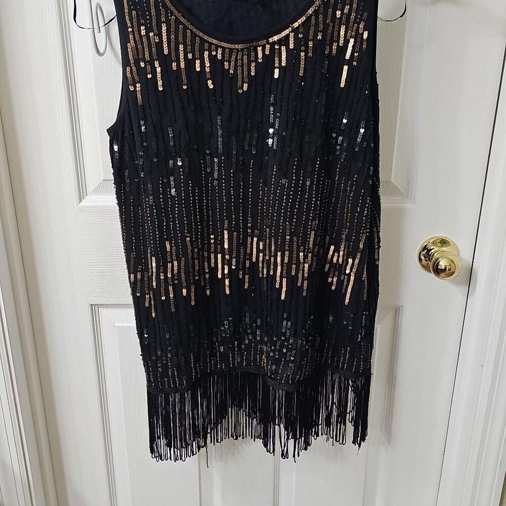 Joanna Hope Black and Gold Sequin Fringed Flapper Style Tank Top Size S